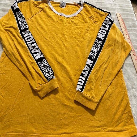 PINK Victoria's Secret Tops - PINK Victoria's Secret Yellow Long Sleeve Tee with Striped Sleeves L